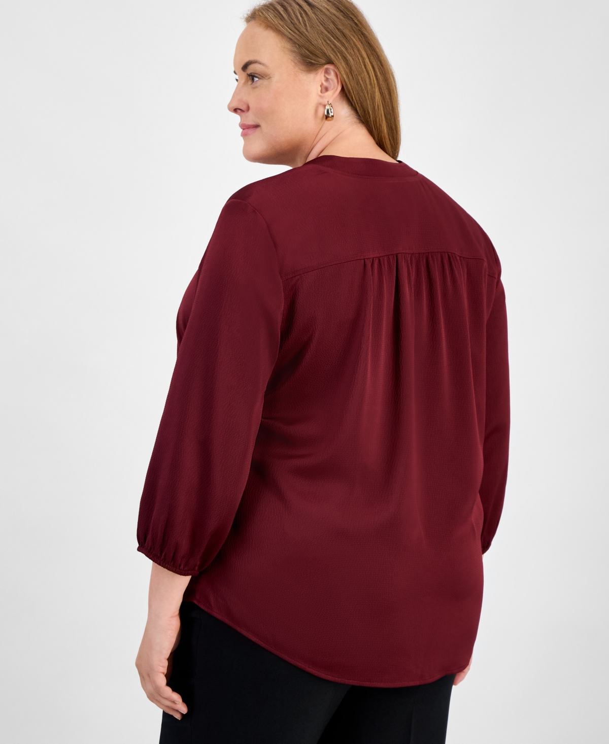 Jones New York Plus Size Satin 3/4-puff Sleeve V-neck Blouse In Burgundy