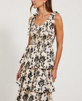 Women's Smocked Tiered Bow-Tie Straps Floral Midi Dress