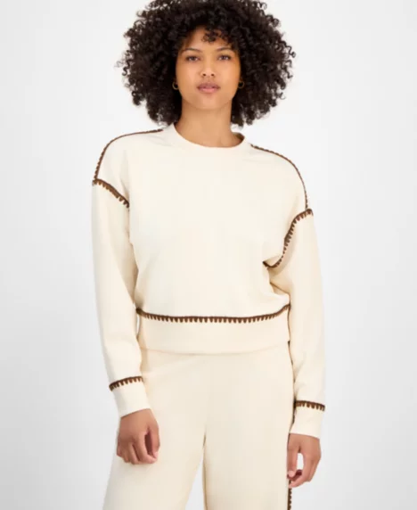 Petite Cozy Whipstitch Long-Sleeve Crewneck Sweatshirt - Cream