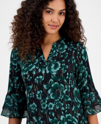 Petite Floral Print Split-Neck Bell-Sleeve Blouse