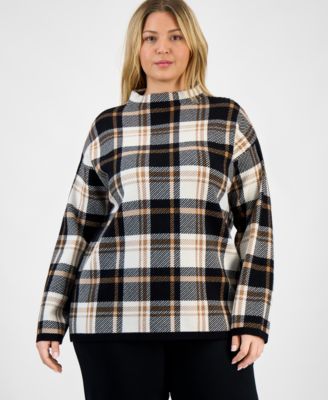 Jones New York - Plus Size Plaid Funnel-Neck Long-Sleeve Top