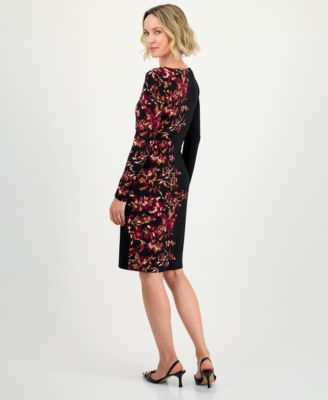 Women's Floral Side-Pleated Long-Sleeve Dress, Regular & Petite