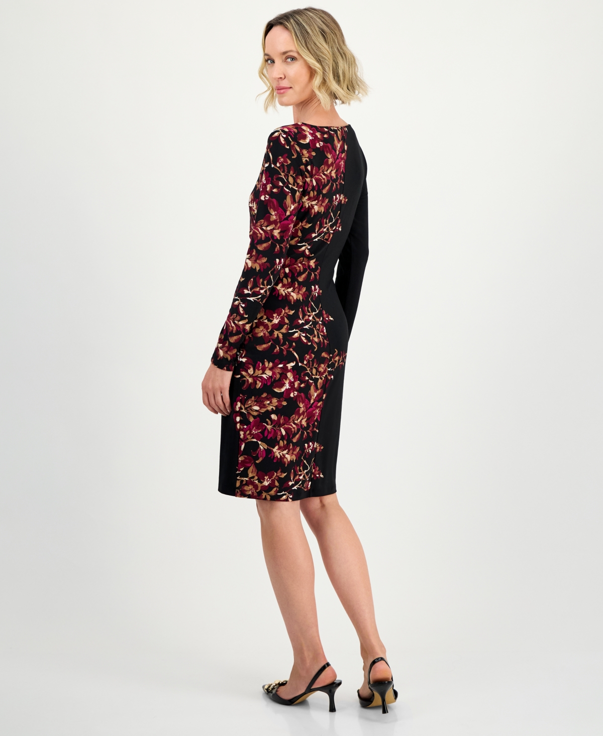 Kasper Women's Floral Side-pleated Long-sleeve Dress, Regular & Petite In Black