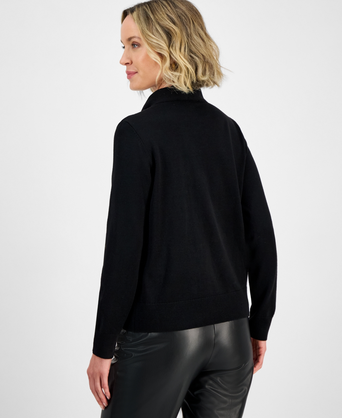 Kasper Women's Beaded-brooch Tie-neck Sweater In Black