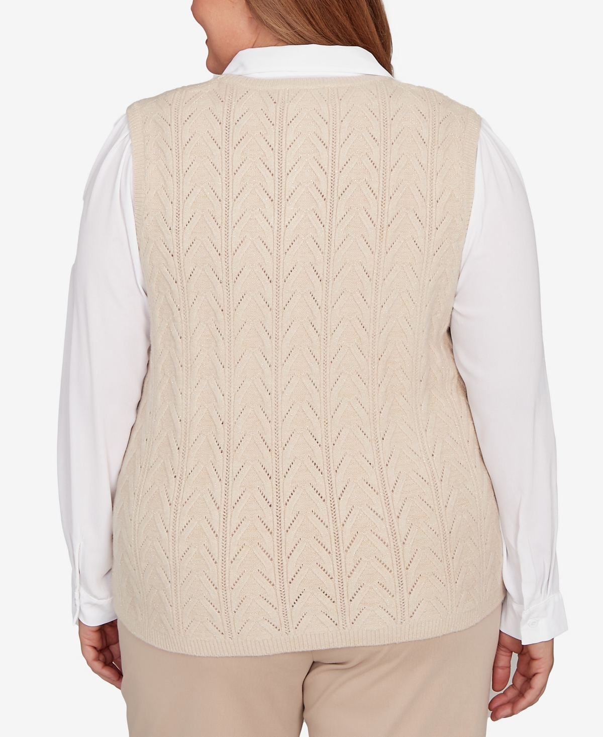 Alfred Dunner Plus Size Urban Legend Pointelle Texture Two In One Sweater With Necklace In Gray