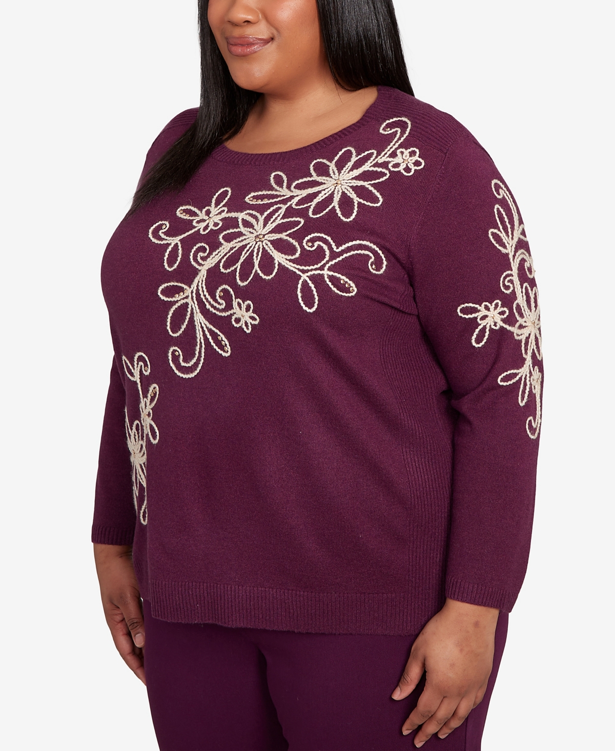 Alfred Dunner Plus Size Urban Legend Diagonal Floral Embroidered Sweater In Purple