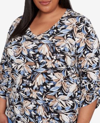 Plus Size As Usual Tie Sleeve Brushstroke Floral Knit Top
