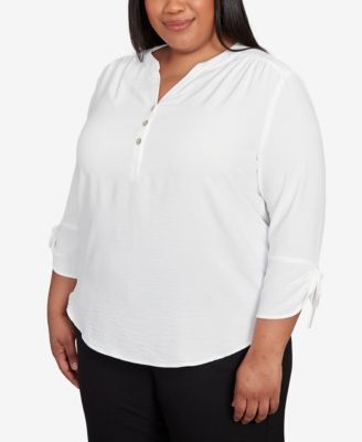 Plus Size As Usual Tie Sleeve Crinkle Textured Henley Top