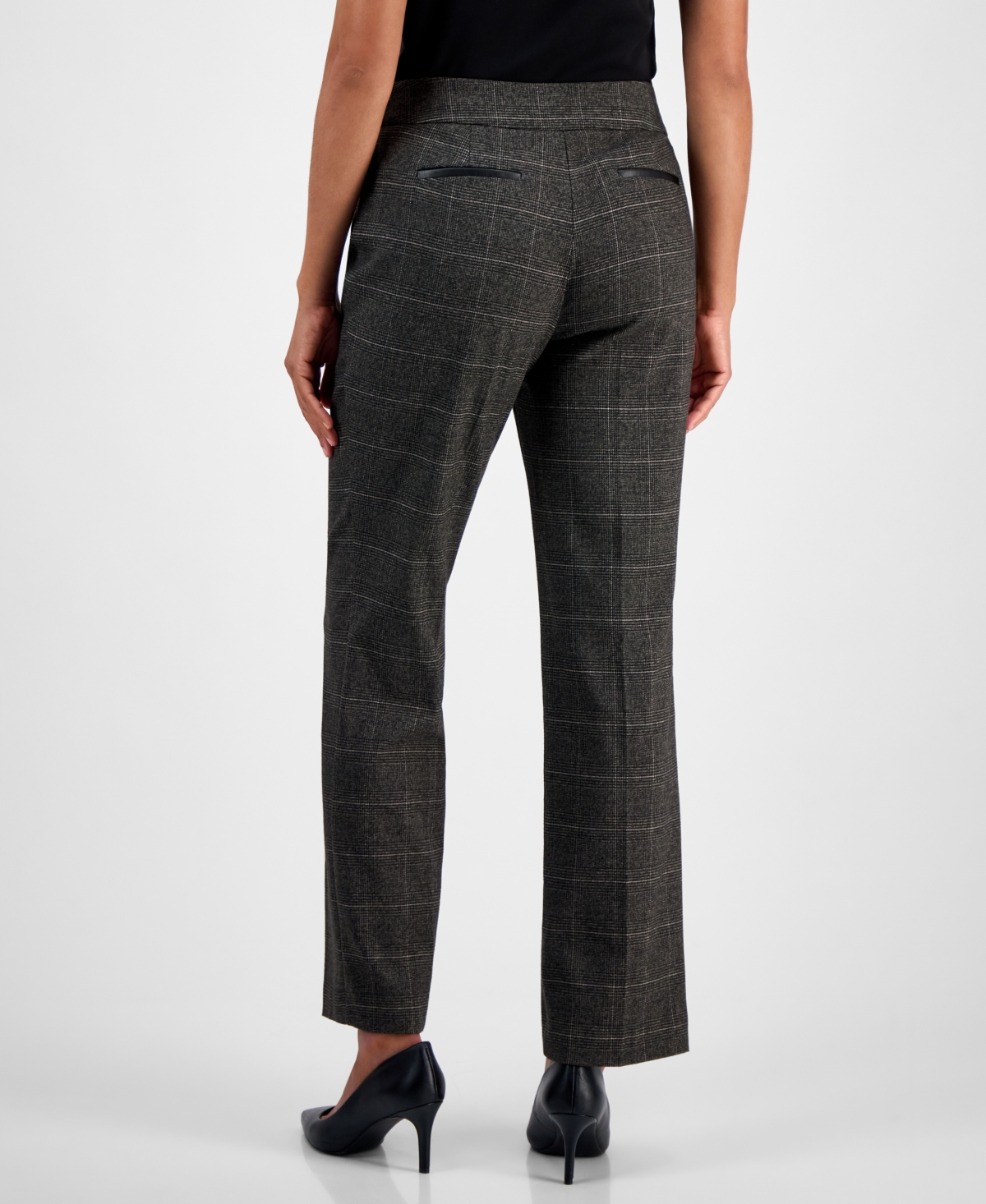 Kasper Plaid Faux-leather Straight-leg Pants, Regular & Petites In Gray