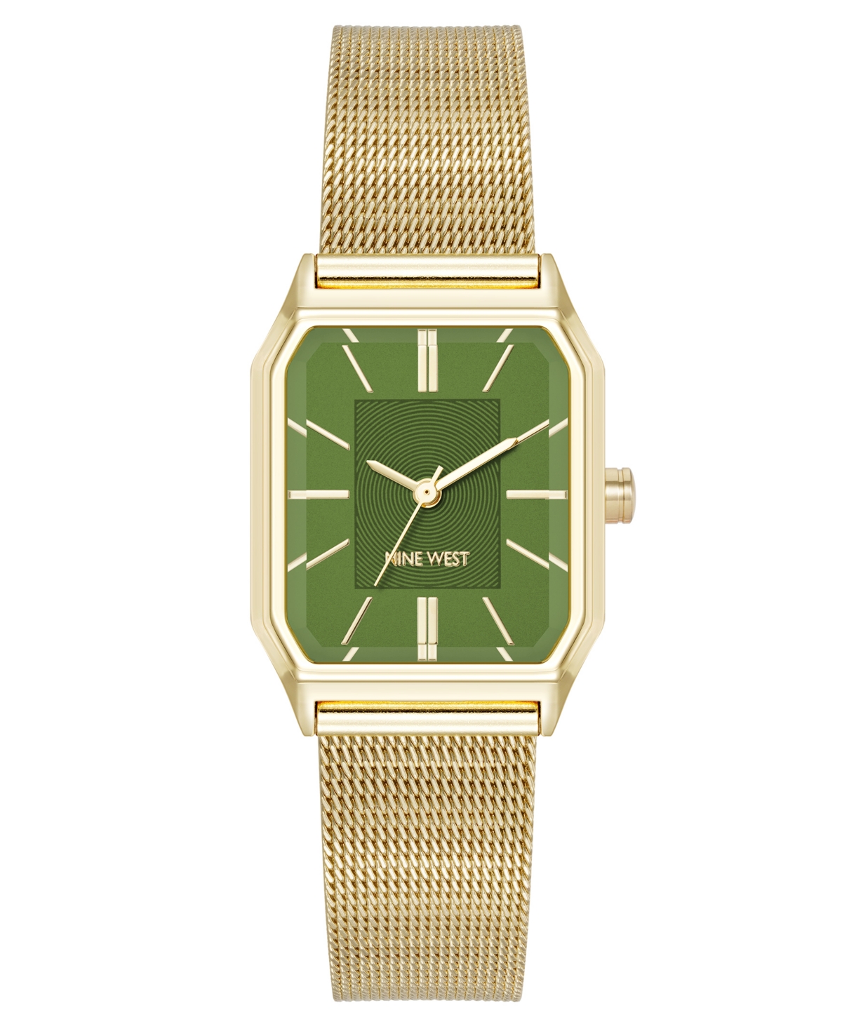 Nine West Women's Quartz Faceted Olive And Gold-tone Stainless Steel Mesh Watch, 26mm