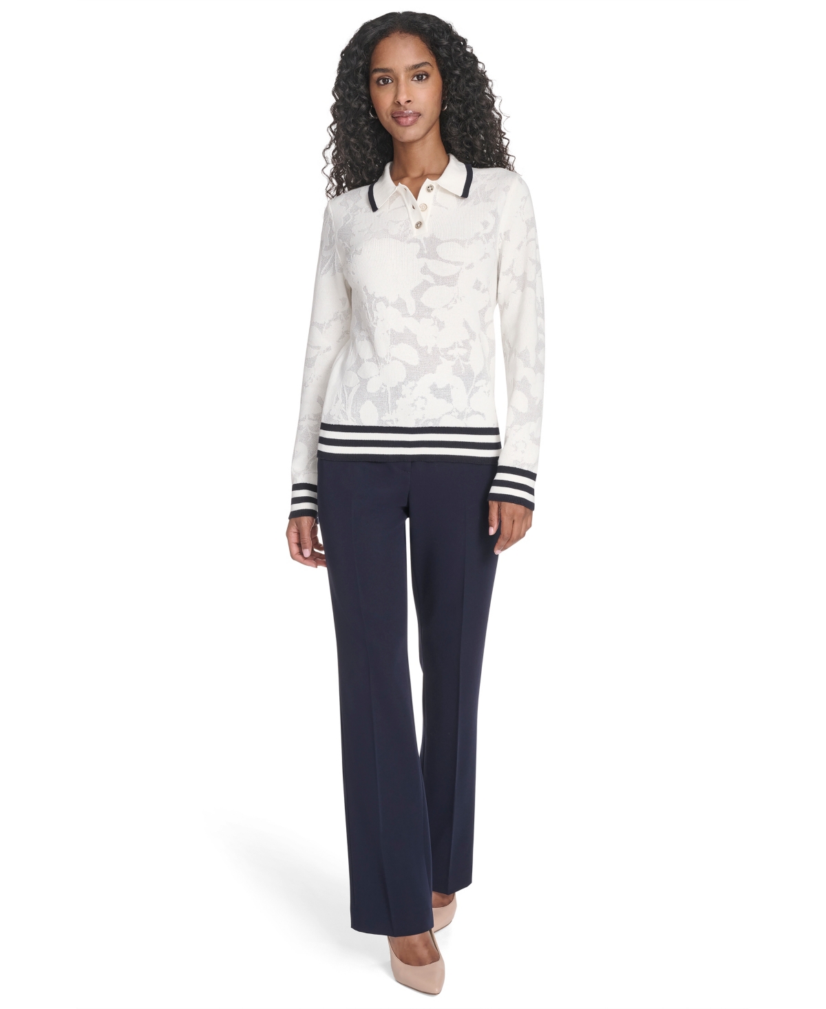 Tommy Hilfiger Women's Jacquard Long Sleeve Floral Sweater In White