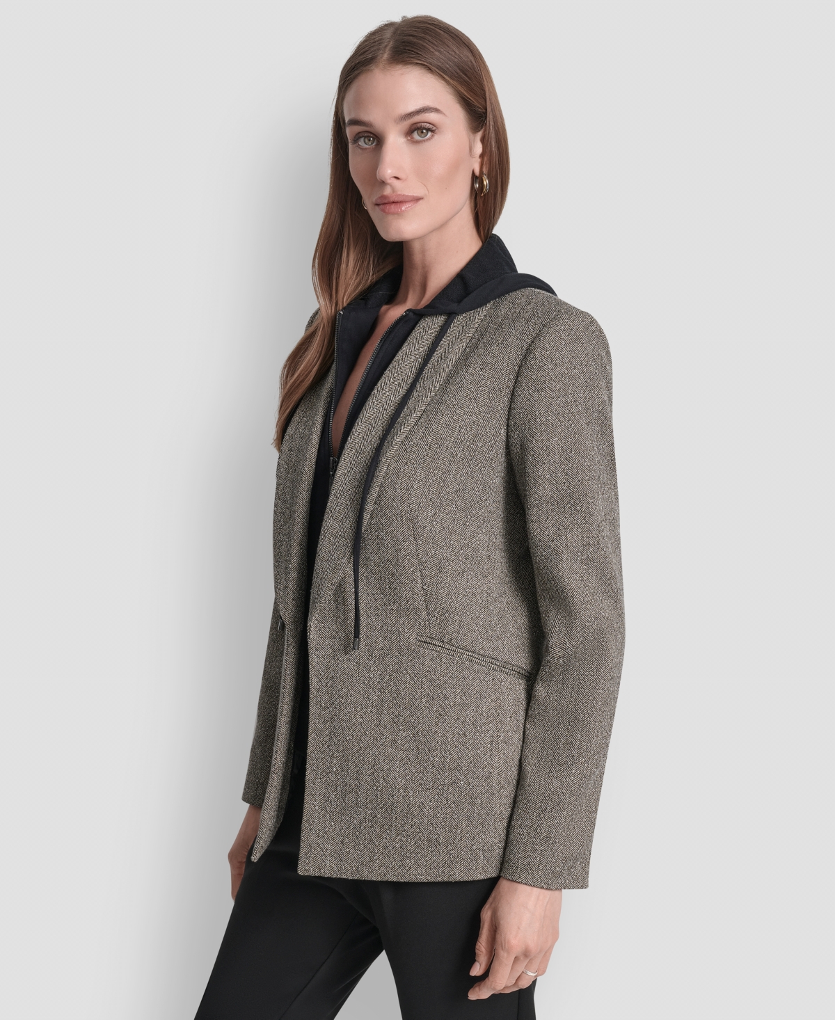 Dkny Women's Herringbone Pattern Blazer With Fleece Hoodie In Gray