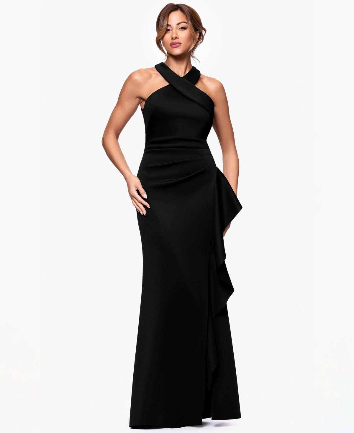 Xscape Petite Ruffled Halter Gown In Multi