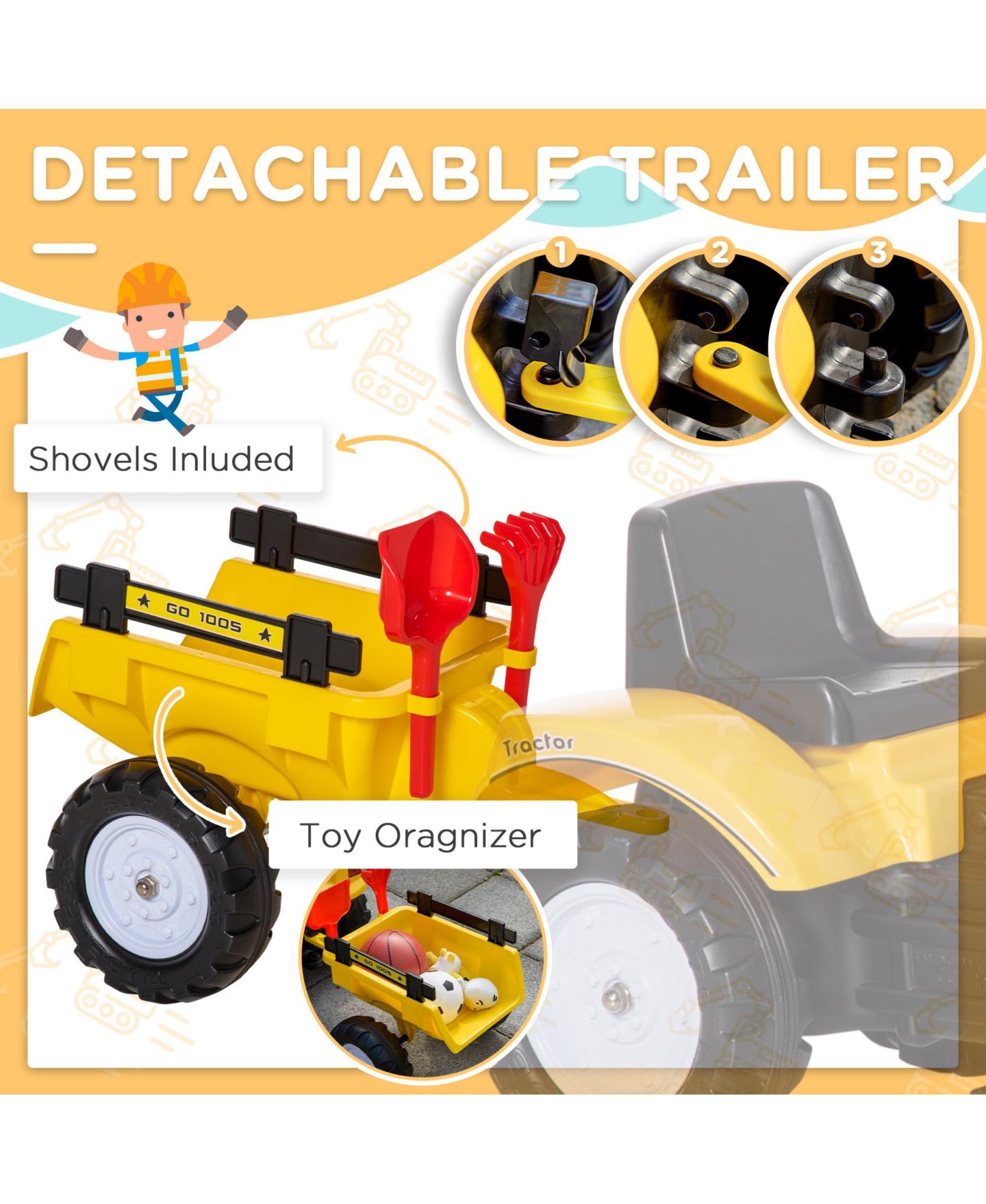 Детская игрушка Aosom Pedal Digger Construction Car Ride-On Toy, 77 lb. Capacity, 3–6 лет — фото 4