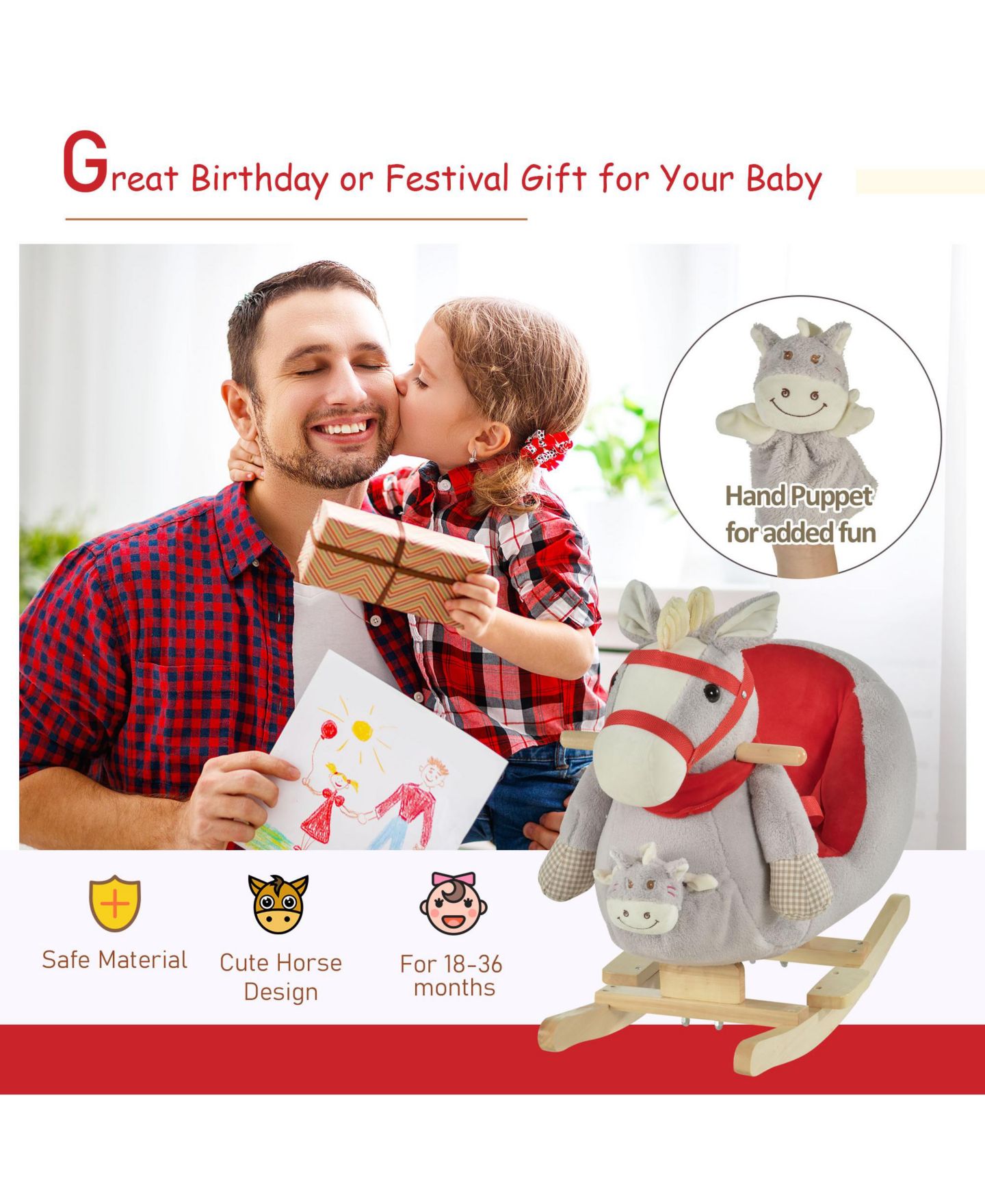 Детская игрушка Qaba Plush Rocking Horse with Lullaby, Ages 18-36 Months — фото 4
