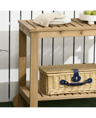 Outdoor Wood Bar Cart Patio Serving Cart with Wine Holders, Natural