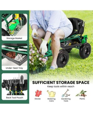 Rolling Garden Cart Height Adjustable Scooter with Swivel Seat & Tool Storage