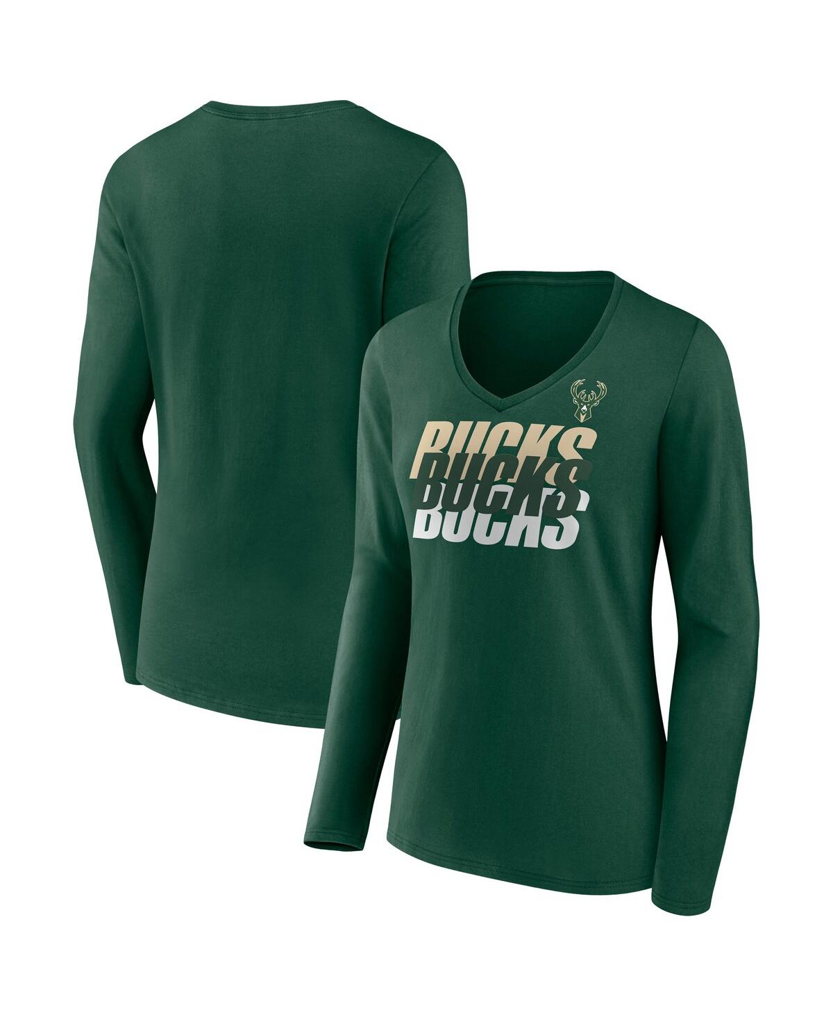 Fanatics Women's Hunter Green Milwaukee Bucks Iconic Tumble Long Sleeve V-Neck T-Shirt