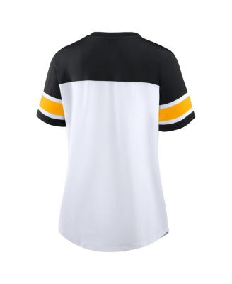 Women's White/Black Pittsburgh Steelers Athena Rhinestone Lace-Up V-Neck T-Shirt