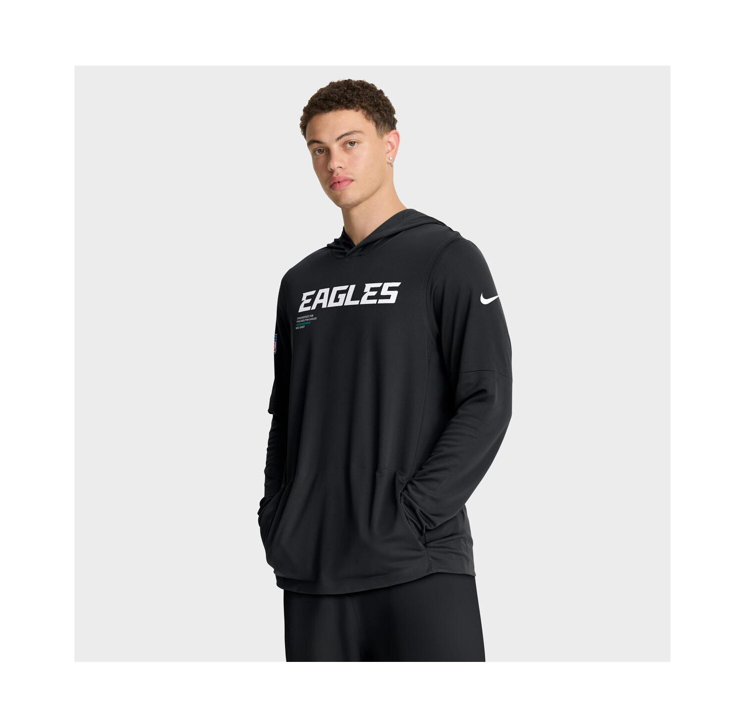 Men's Black Philadelphia Eagles Sideline Pure Fury Performance Long Sleeve Hoodie T-Shirt