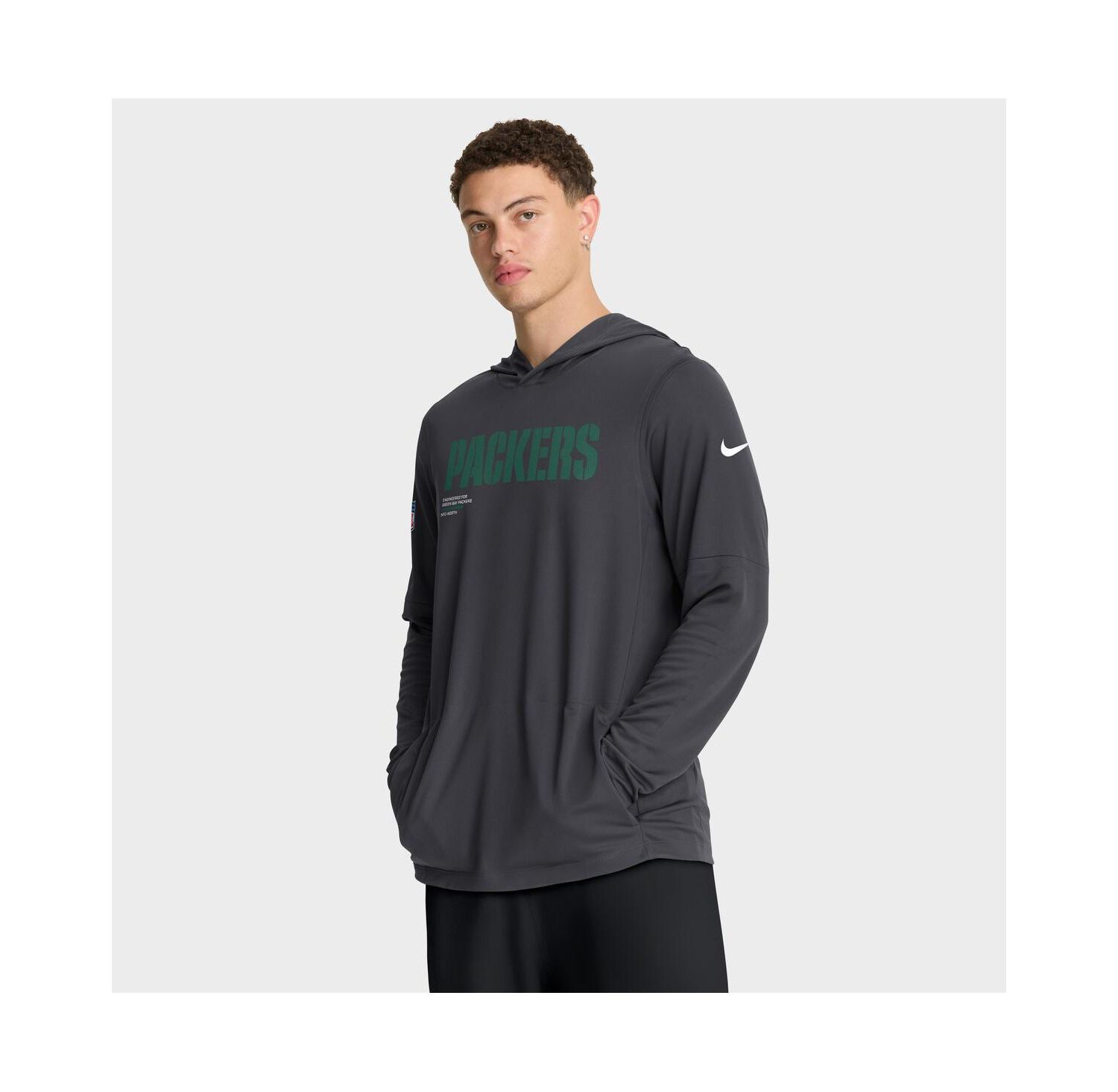 Men's Anthracite Green Bay Packers Sideline Pure Fury Performance Long Sleeve Hoodie T-Shirt