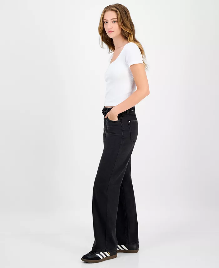 Juniors' Belted Slim-Fit Wide-Leg Jeans - thumbnail 4