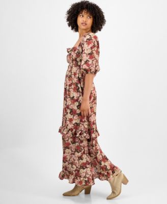 Petite Floral-Print Puff-Sleeve Maxi Dress, Macy's Exclusive