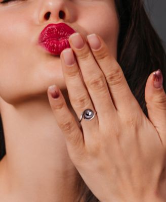 Cultured Black Tahitian Pearl (9mm) & Diamond (1/10 ct. t.w.) Swirl Ring in Sterling Silver