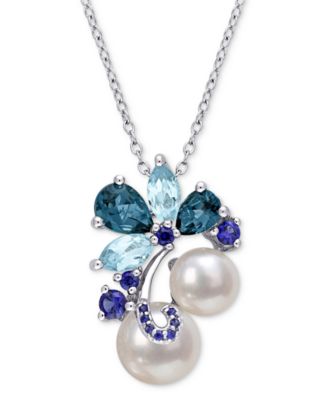 Macy's - Cultured Freshwater Pearl (7 & 8-1/2mm), Blue Topaz (2-1/3 ct. t.w.) & Sapphire (3/8 ct. t.w.) Cluster 18" Pendant Necklace in Sterling Silver