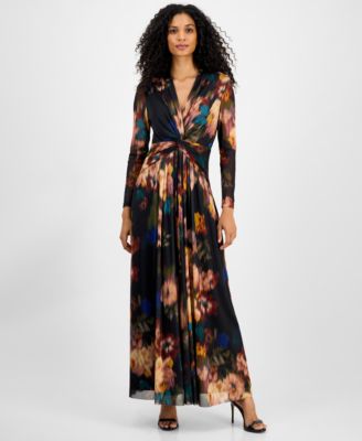 Anne Klein - Women's Printed Twist-Front Long-Sleeve Maxi Dress
