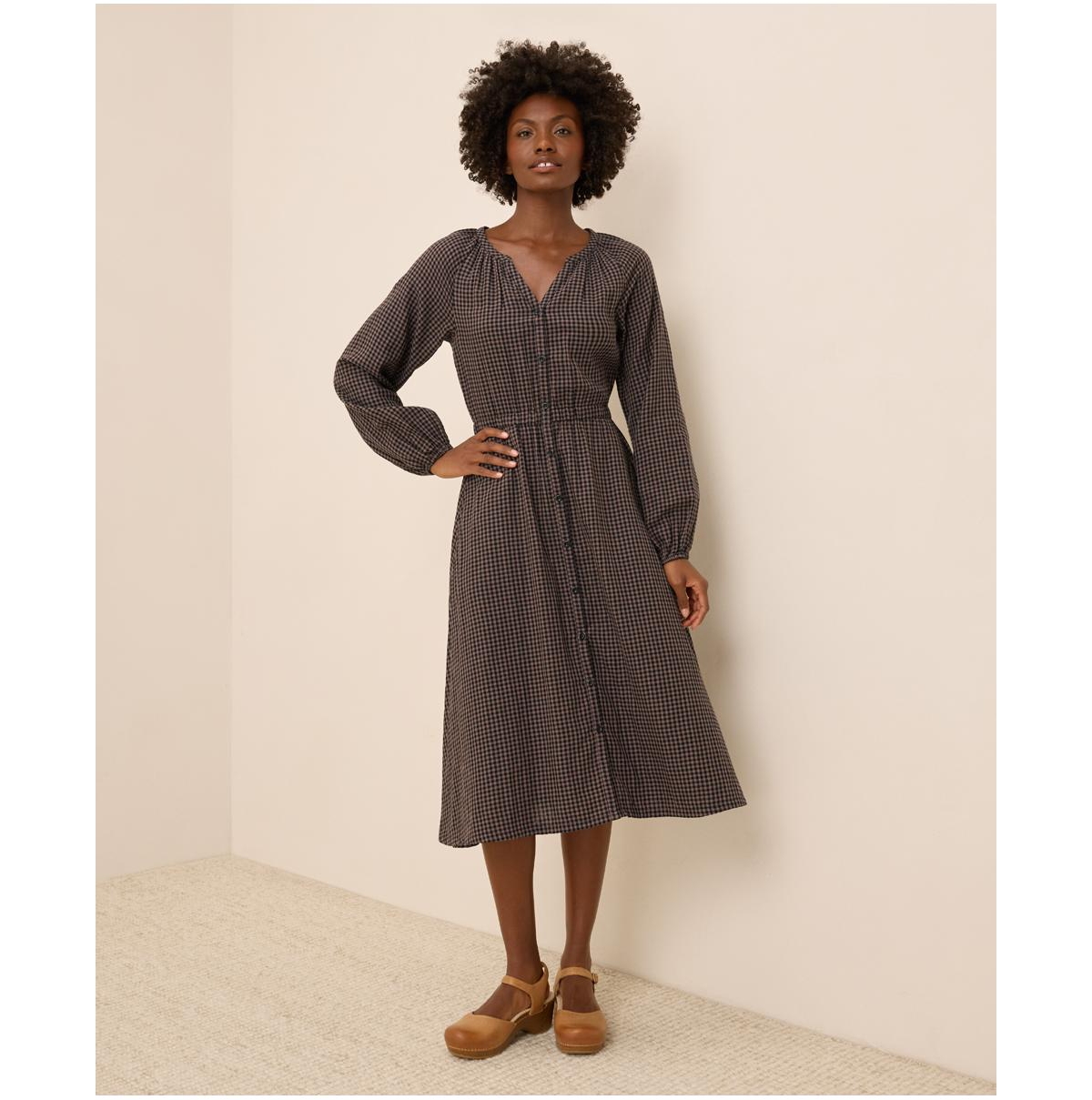 Organic Cotton Coastal Double Gauze Poet Sleeve Dress - Gold gingham