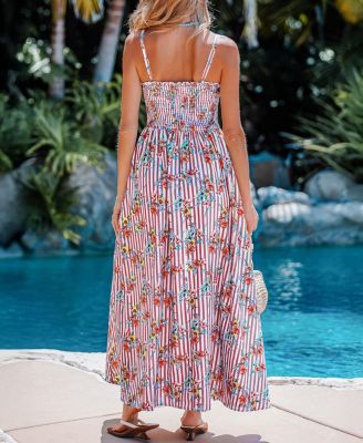 Women's Fresh Flowers Striped Maxi Beach Dress
