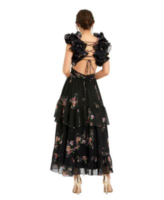 Women's Tiered Floral Chiffon Lace-up Dress