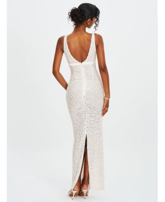 Women's Adelaide White Beaded Sequin Net Bodycon Gown