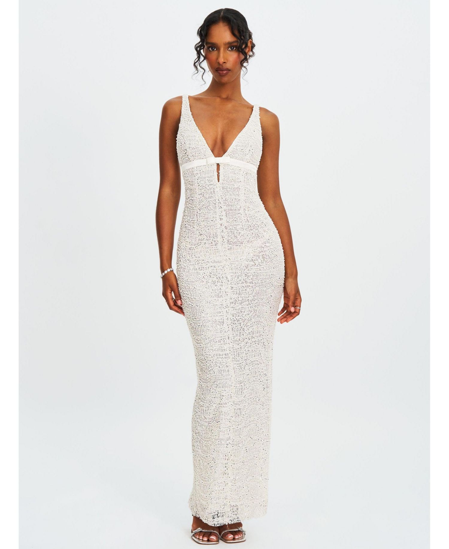 Women's Adelaide White Beaded Sequin Net Bodycon Gown
