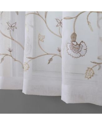 Complete 3 Piece Embroidered Shabby Floral Roses Sheer Cafe Kitchen Curtain Tier & Valance Set - Neutral/Linen