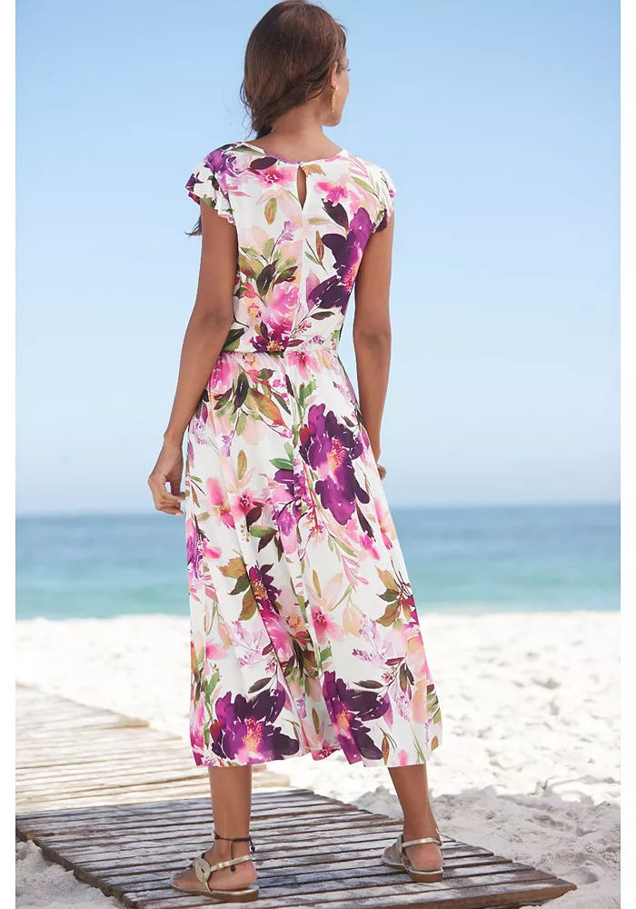 Women's Viscose Printed Flutter Sleeve A-Line Elastic-Waist Midi Dress - thumbnail 4