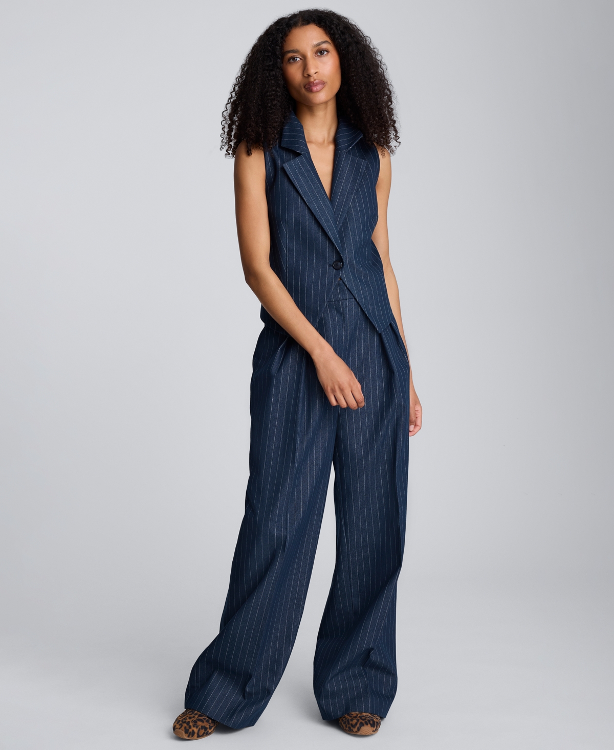 Kenneth Cole Pinstripe High Rise Fly Front Double Pleat Wide Leg Pant In Blue