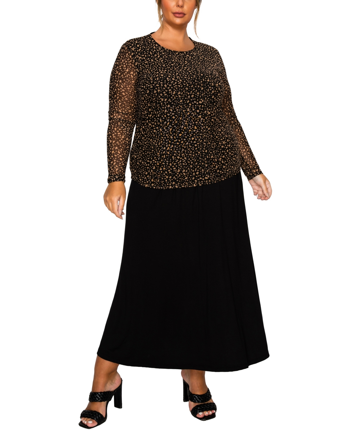 Coin 1804 Plus Size Pebble Mesh Scoop Neck Long Sleeve Top In Black