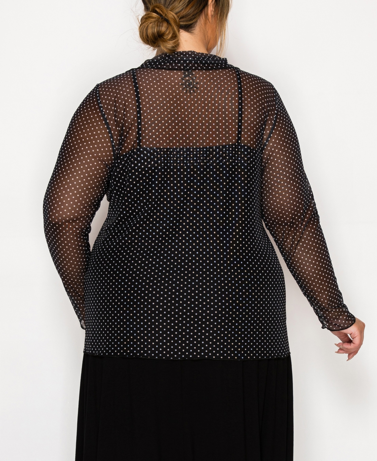 Coin 1804 Plus Size Dot Mesh Button Front Long Sleeve Top In Multi