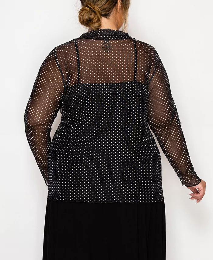 Plus Size Dot Mesh Button Front Long Sleeve Top - thumbnail 2