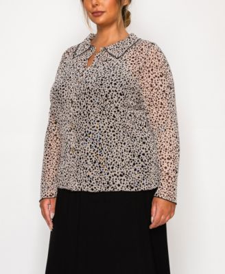 Coin1804 Plus Size Pebble Mesh Button Front Long Sleeve Shirt 