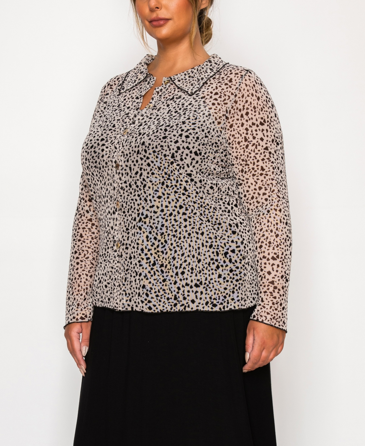 Coin 1804 Plus Size Leopard Mesh Button Front Long Sleeve Top In Brown
