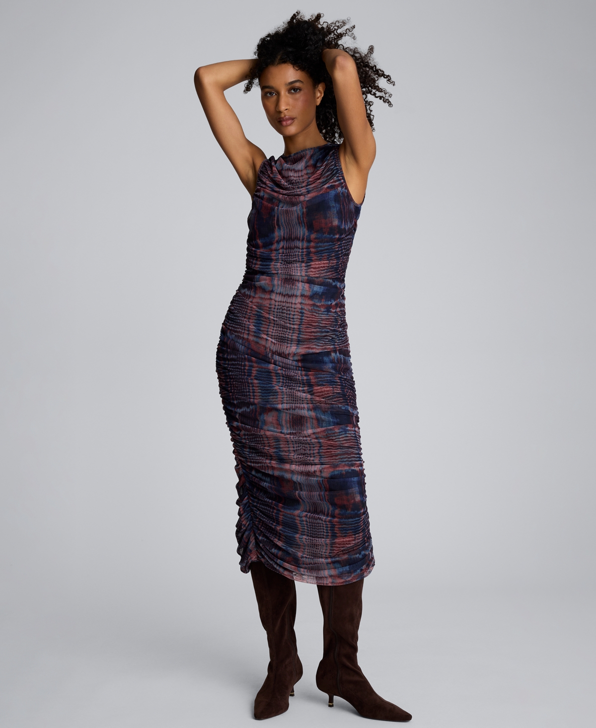 Kenneth Cole Printed Mesh Fully Ruched Modern Midi Dress In Multi