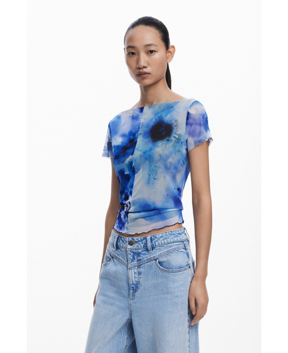 Women's Ribbed tulle T-shirt - Dark blue