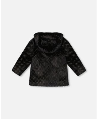 Girl Bear Faux Fur Coat Black with Gold Polka Dots - Toddler|Child
