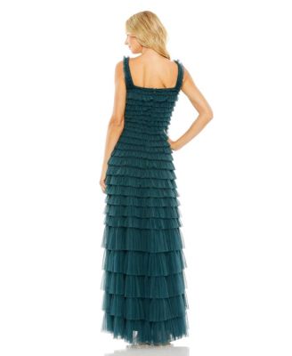 Women's Textured Mesh Gown with Allover Ruffles and Square Neckline