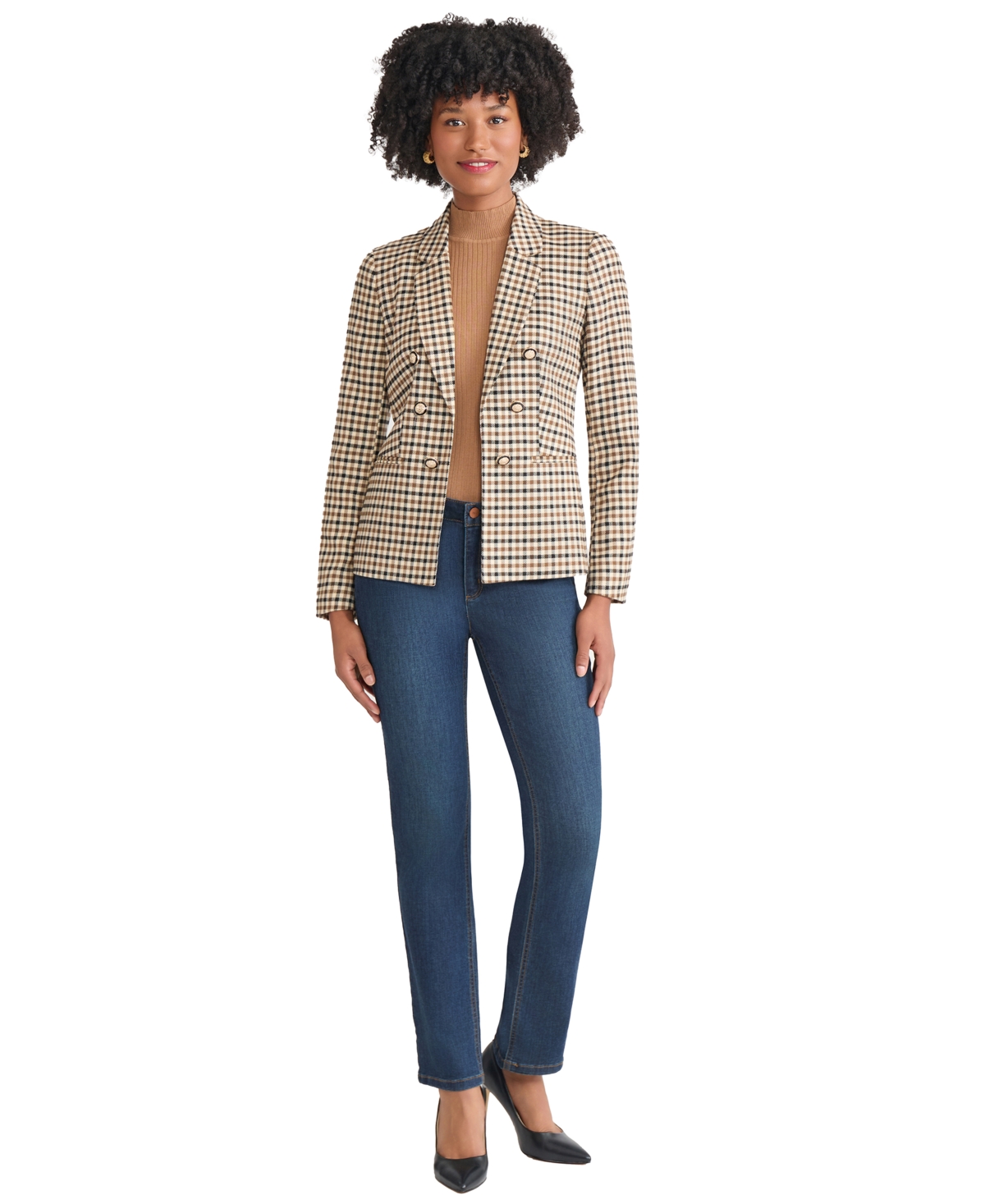 Jones New York Check Faux Double Breasted Blazer In Neutral
