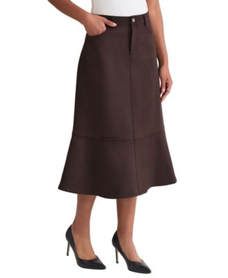 Women's  Faux Suede Fly Front Flared Midi Skirt