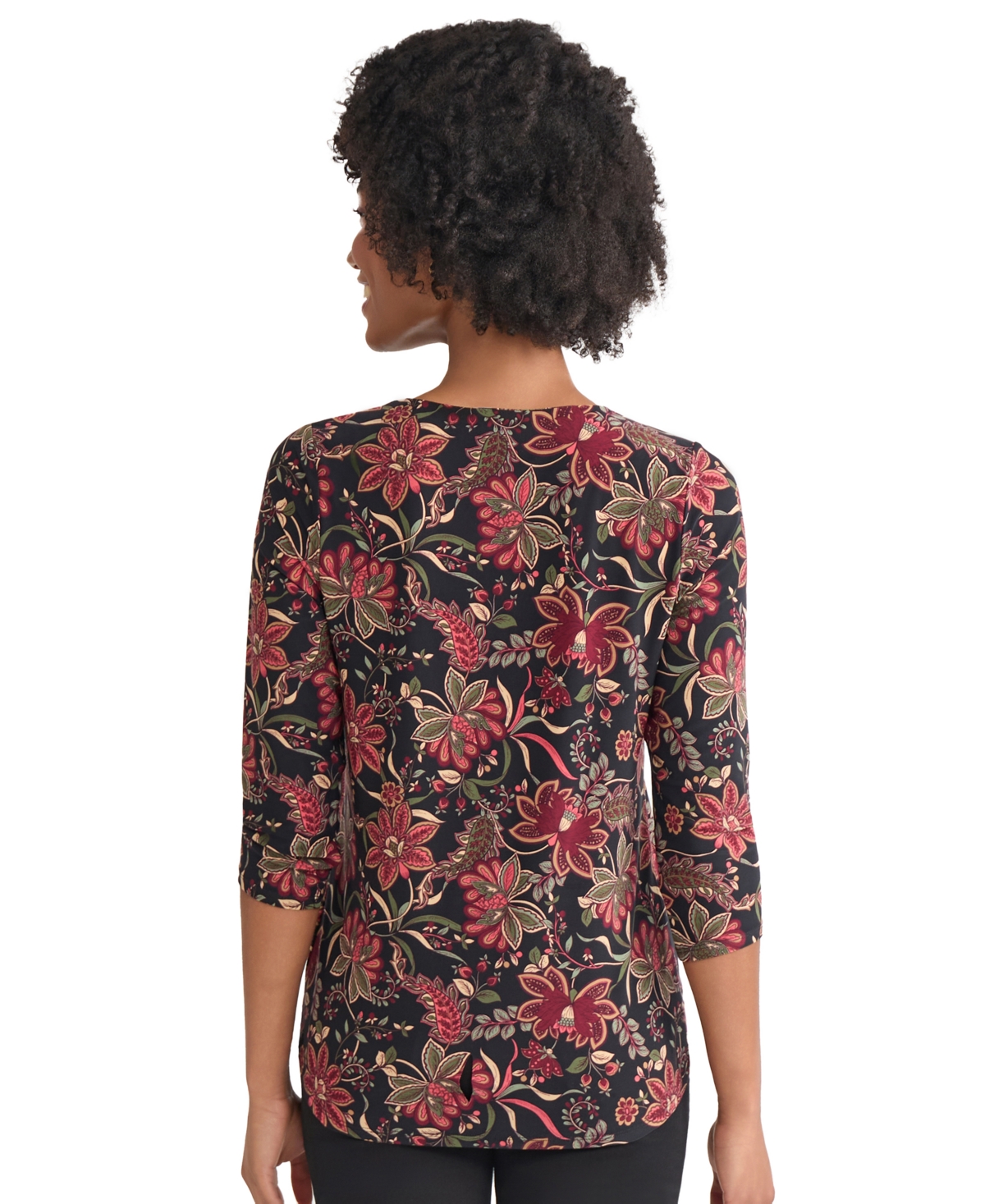Jones New York Floral V-neck Jersey Top In Black